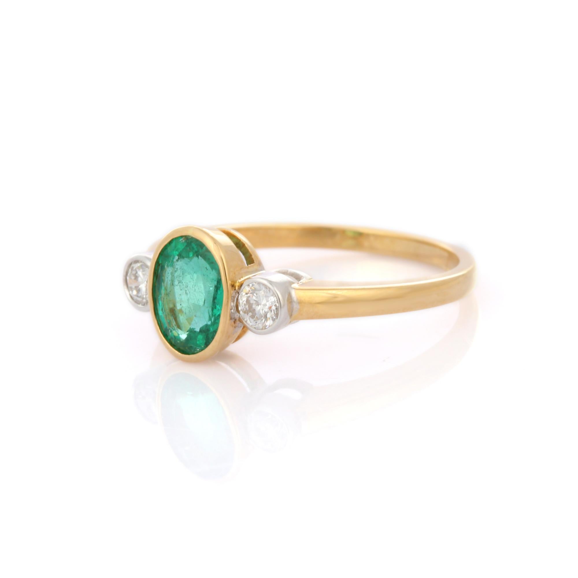 For Sale:  1.17 Ct Bezel Set Oval Emerald and Diamond in 18K Yellow Gold Three Stone Ring 3