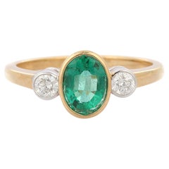 1.17 Ct Emerald and Diamond Three Stone Engagement Ring in 18K Yellow Gold