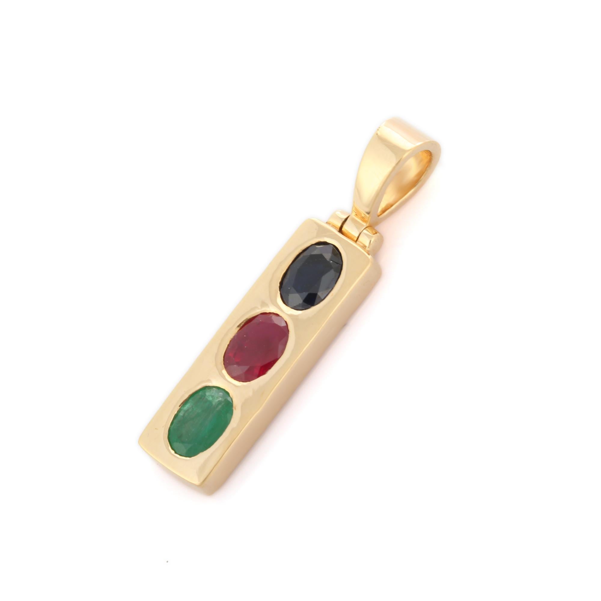 Art Deco 1.17 ct Emerald Ruby Sapphire Pendant Studded in 18K Solid Yellow Gold  For Sale