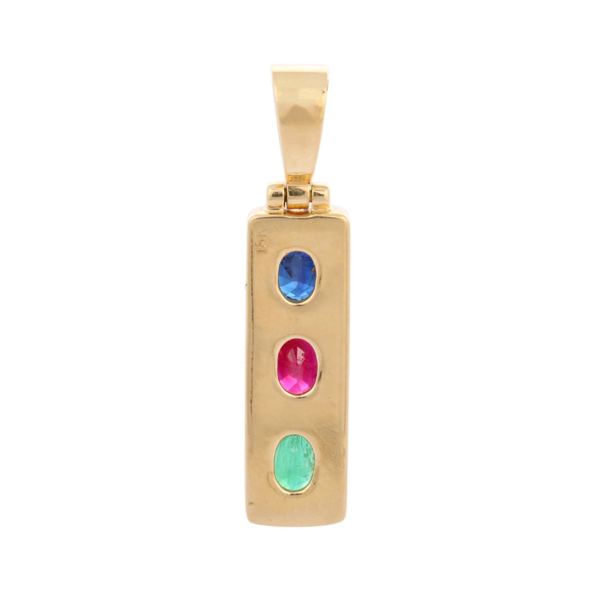 1.17 ct Emerald Ruby Sapphire Pendant Studded in 18K Solid Yellow Gold  In New Condition For Sale In Houston, TX