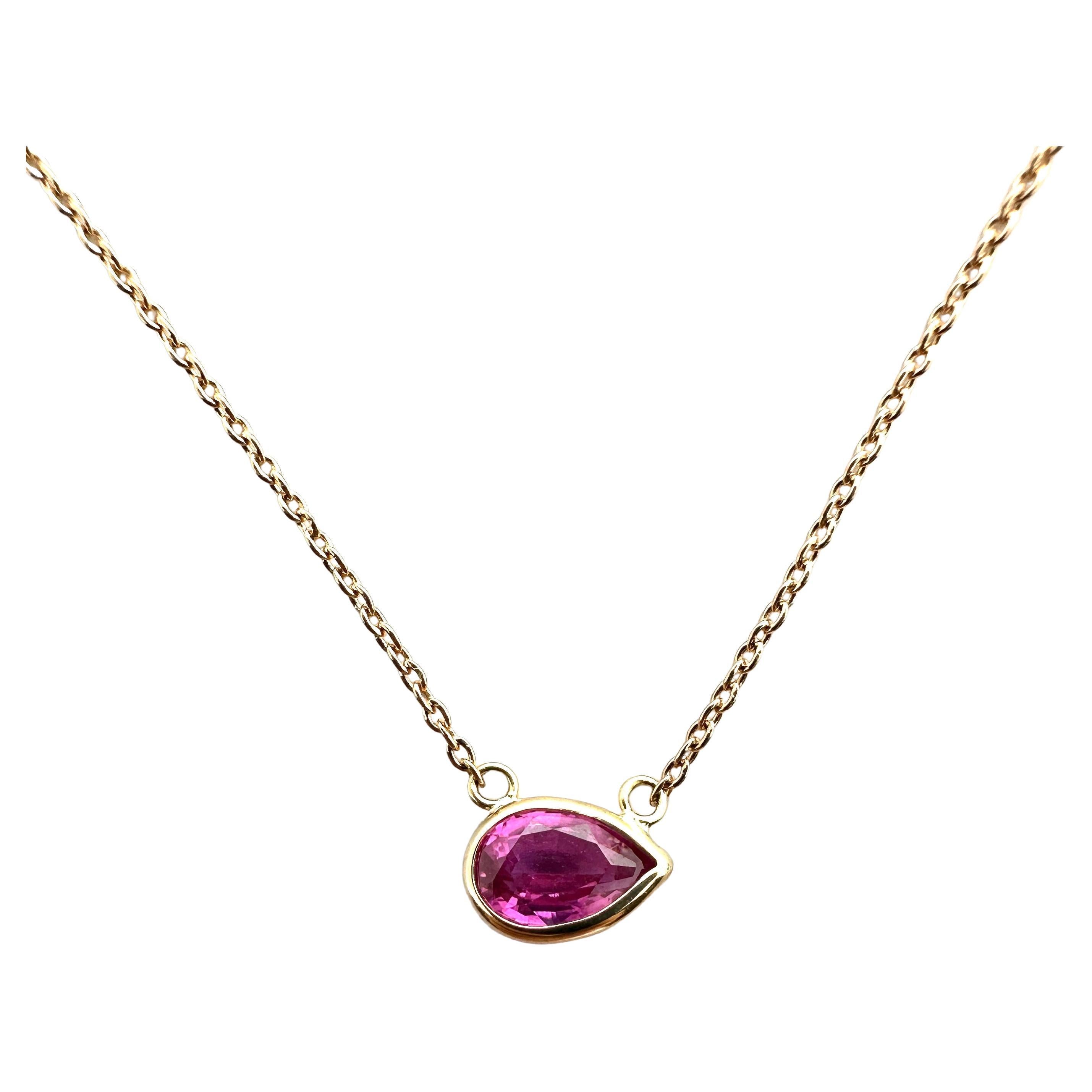 1.17 Ct Certified Pink Sapphire Pear Cut Solitaire Necklace in 14k RG For Sale