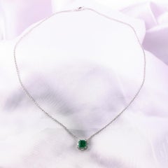 1.17 Ct Zambian Emerald 0.24 Ct Natural Diamond Pendant Necklace 18K White Gold