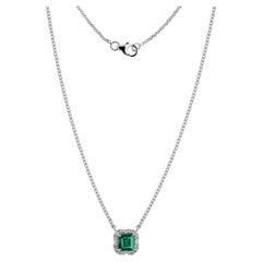 1.17 Ct Zambian Emerald 0.24 Ct Natural Diamond Pendant Necklace 18K White Gold