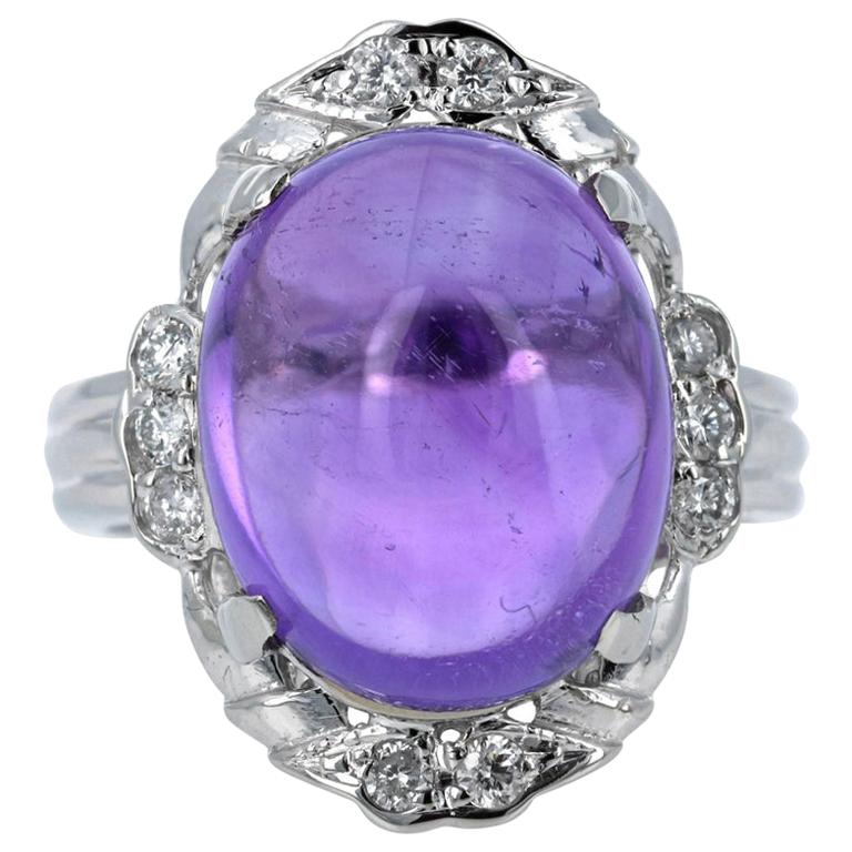 11.70 Carat Amethyst Diamond Vintage Style 14 Karat White Gold Ring For Sale