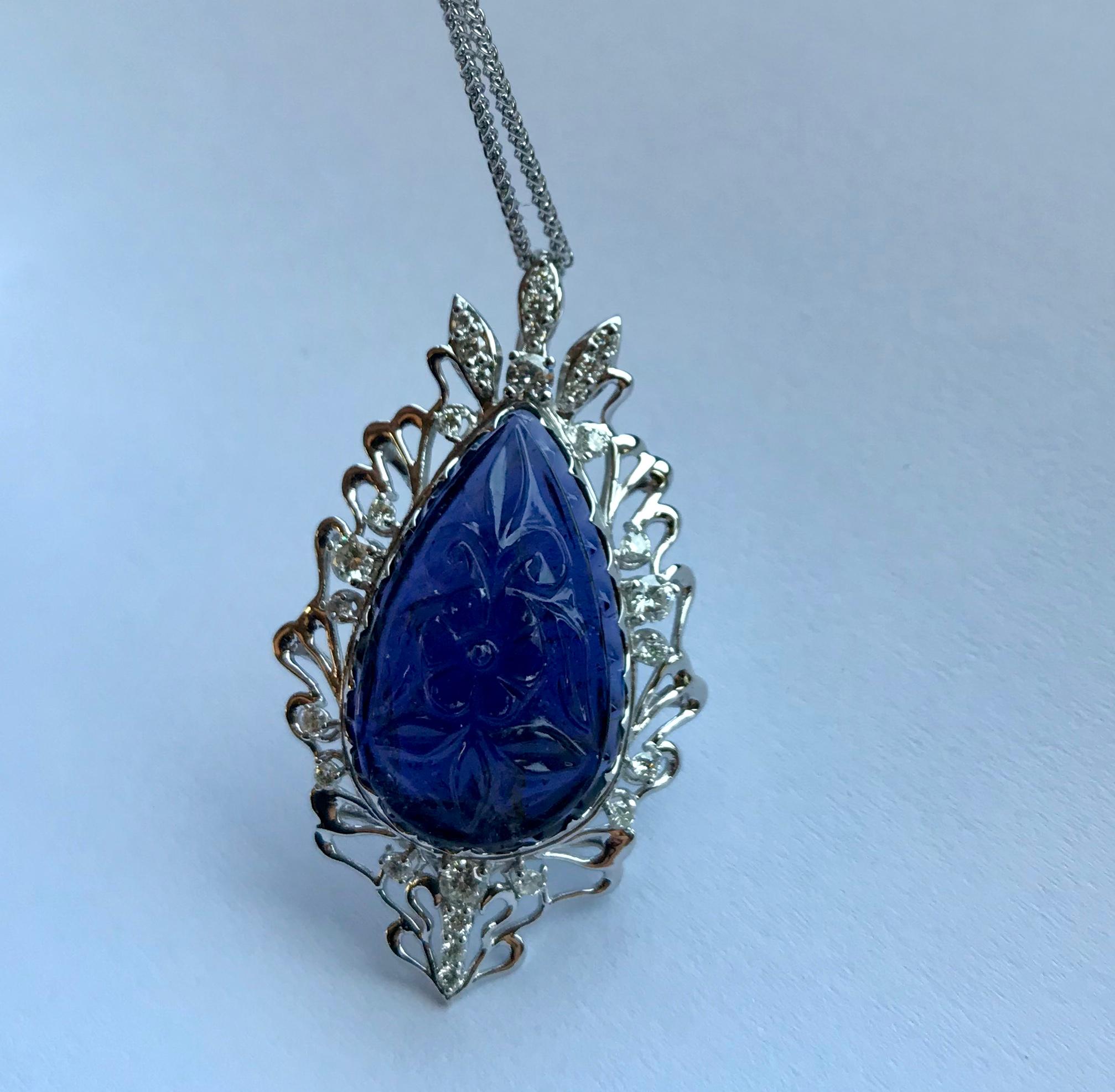 Baroque 11.70 Pear Shaped Carved Natural Iolite and White Diamond Pendant 14K White Gold