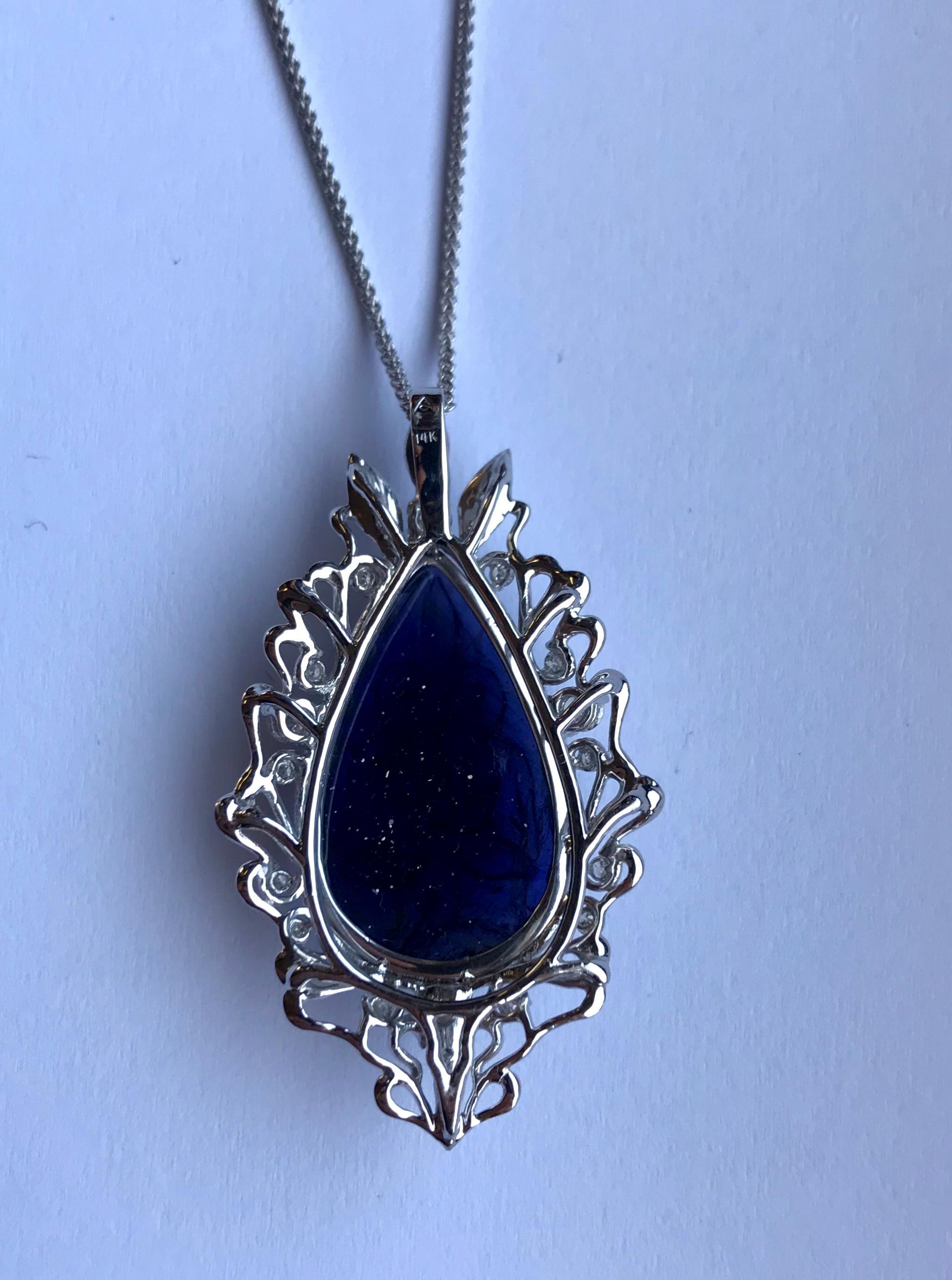 Pear Cut 11.70 Pear Shaped Carved Natural Iolite and White Diamond Pendant 14K White Gold