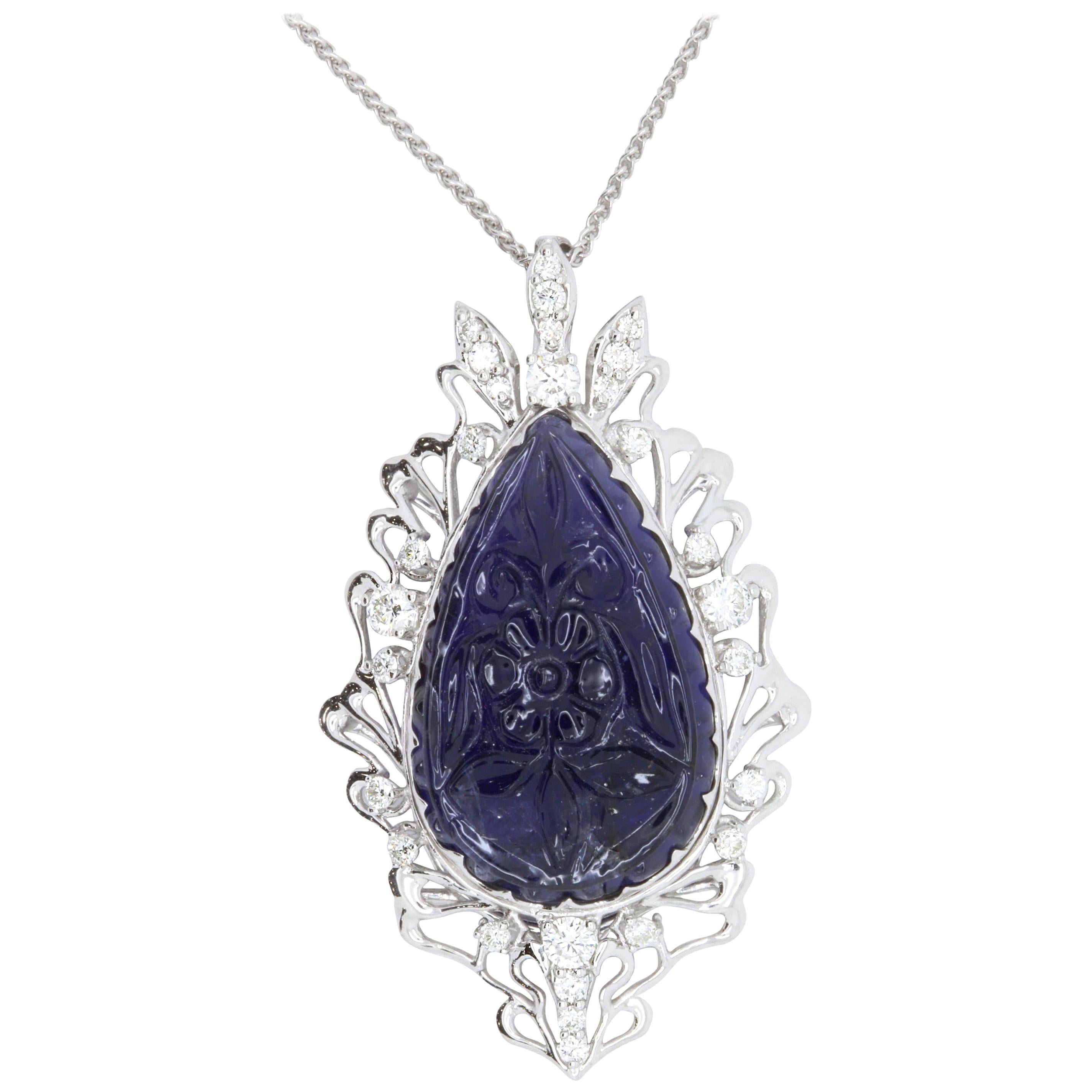 11.70 Pear Shaped Carved Natural Iolite and White Diamond Pendant 14K White Gold