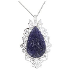 11.70 Pear Shaped Carved Natural Iolite and White Diamond Pendant 14K White Gold