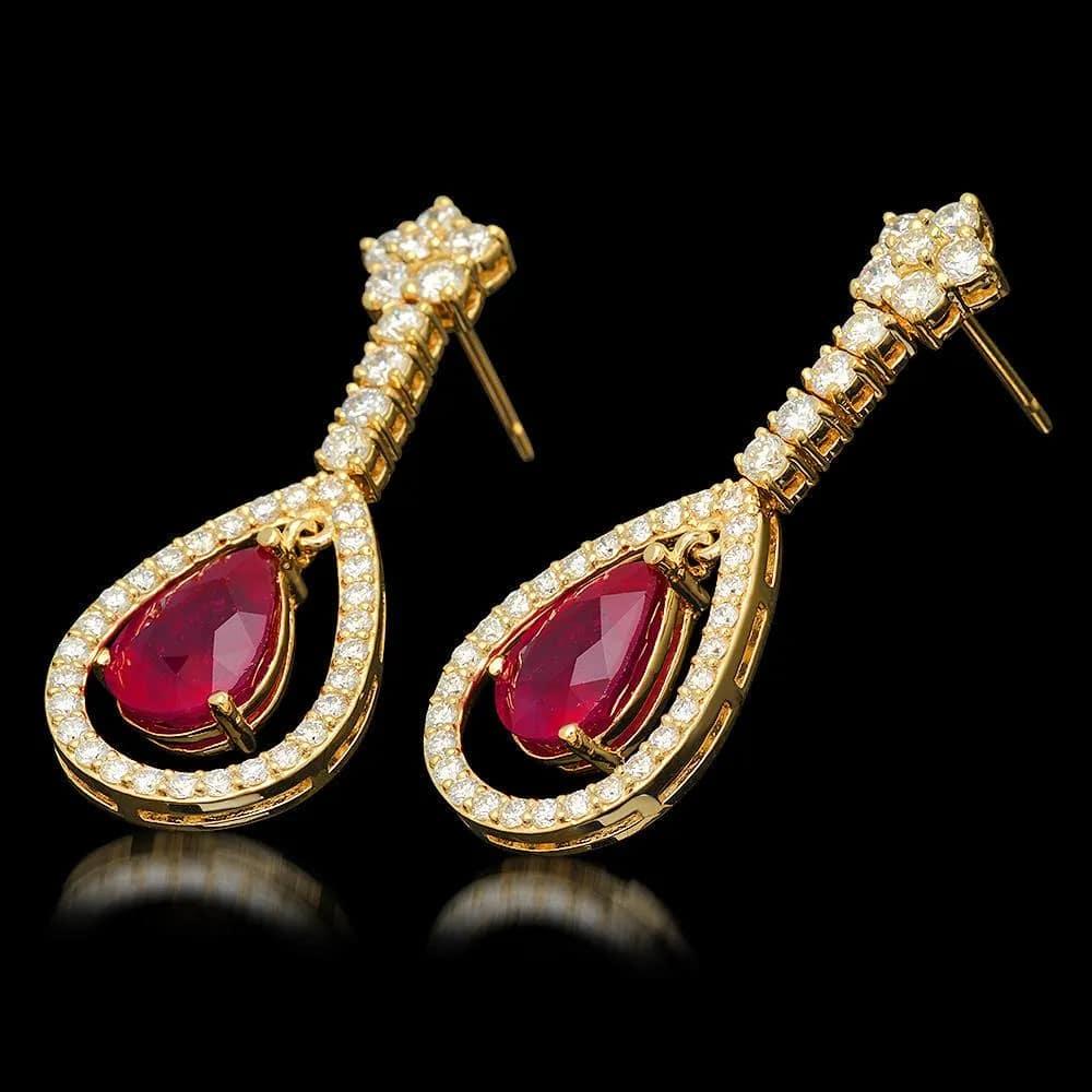 11.70Ct Natural Ruby and Diamond 14K Solid Yellow Gold Earrings

Total Natural Rubies Weight: Approx.  9.10 Carats

Natural Ruby Measures: Approx. 11 x 9 mm

Ruby Treatment: Fracture Filling

Total Natural Round Cut Diamonds Weight: Approx.  2.60