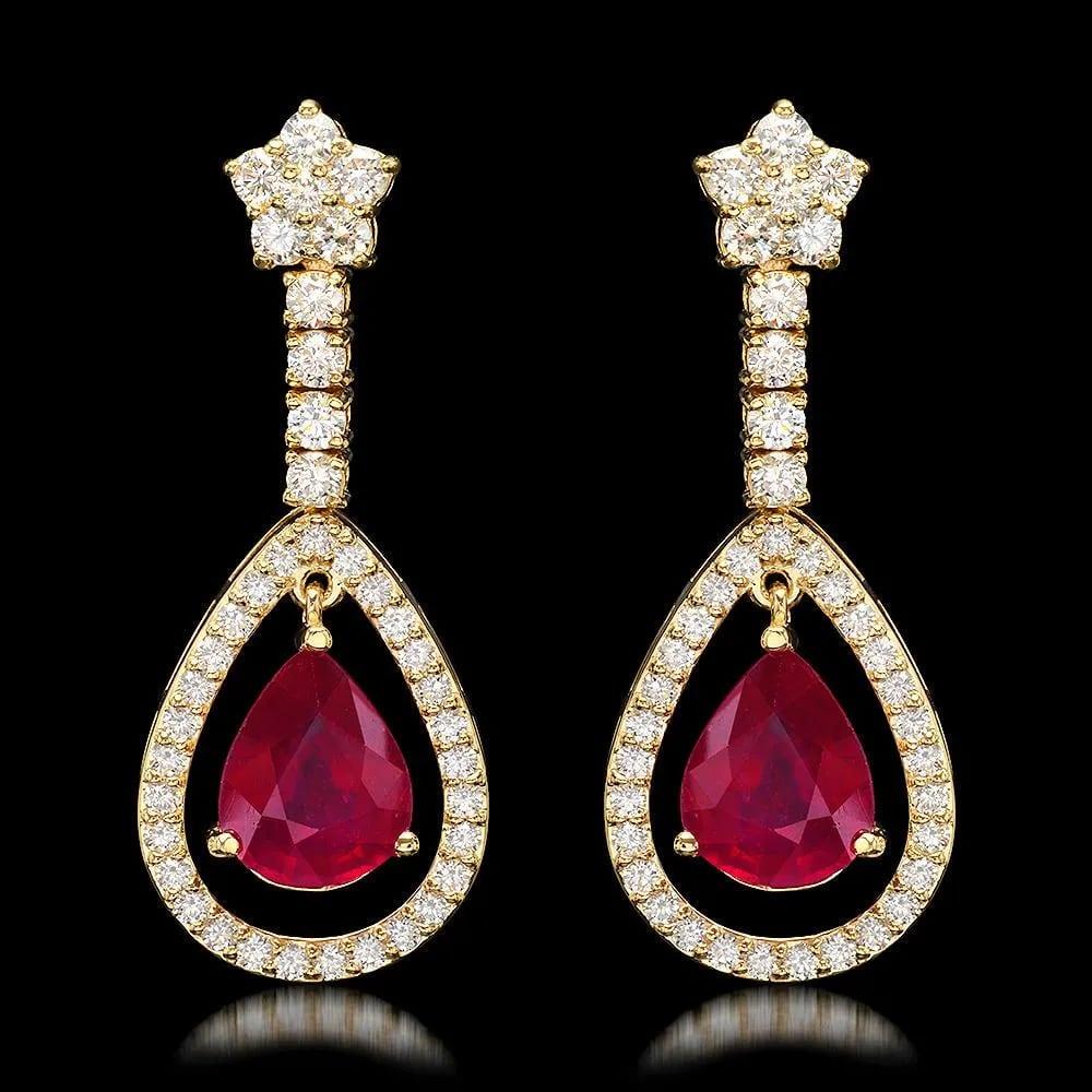 Mixed Cut 11.70Ct Natural Ruby and Diamond 14K Solid Yellow Gold Earrings For Sale