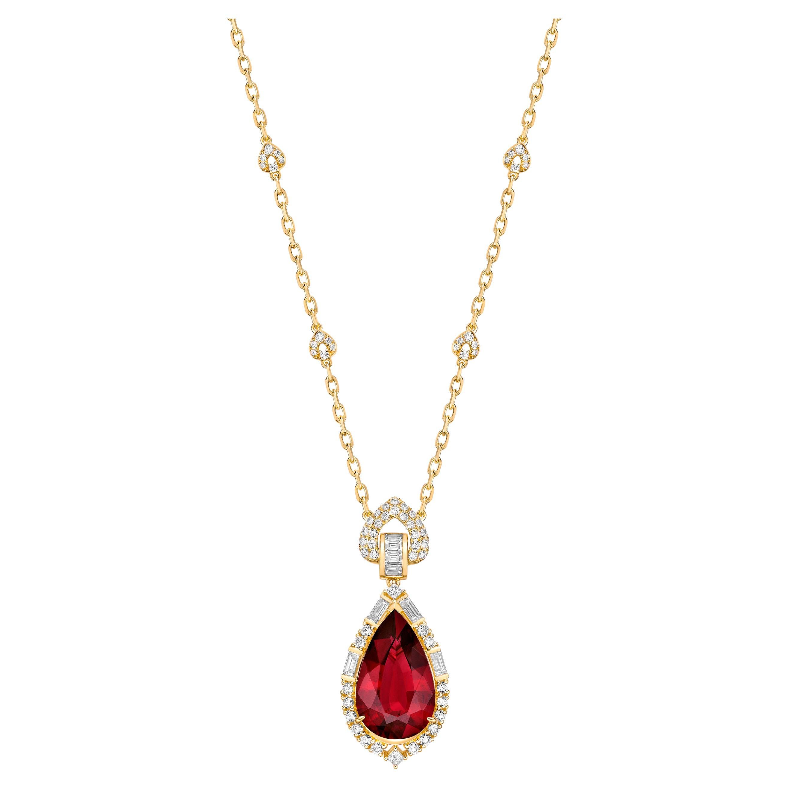 11.72 Carat Rubellite Necklace in 18Karat Yellow Gold with White Diamond For Sale