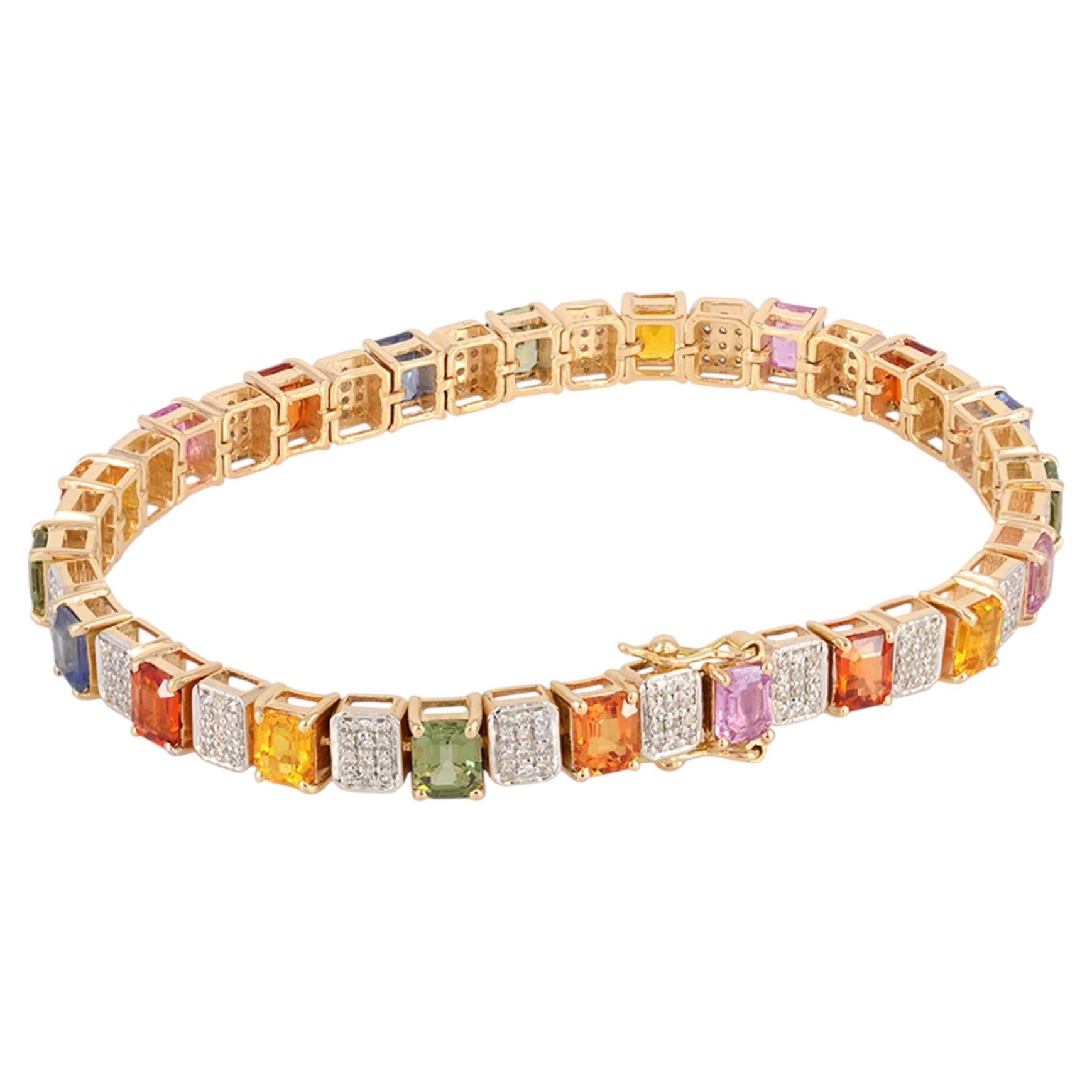 Pave Diamond Multi Sapphire Gemstone 14k Gold Link Bracelet Fine Jewelry