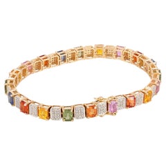 11.72 Ct Rainbow Sapphire and Diamond Link Bracelet, 14k Solid Yellow Gold