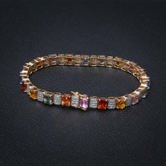 11.72 Ct Rainbow Sapphire and Diamond Link Bracelet, 14k Solid Yellow Gold