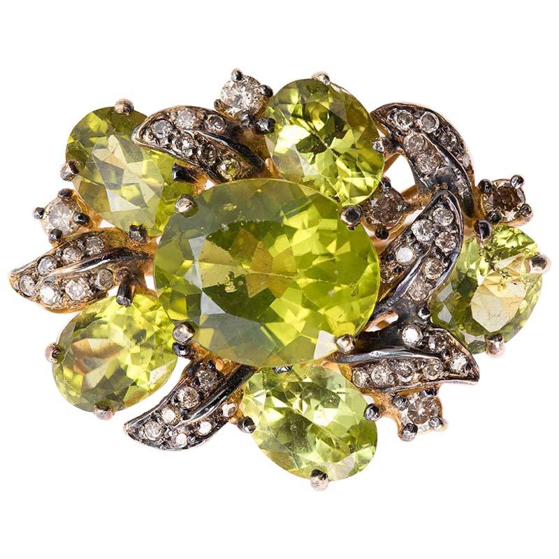 11.73 Carat Green Peridot Brown Diamond Cocktail Ring For Sale