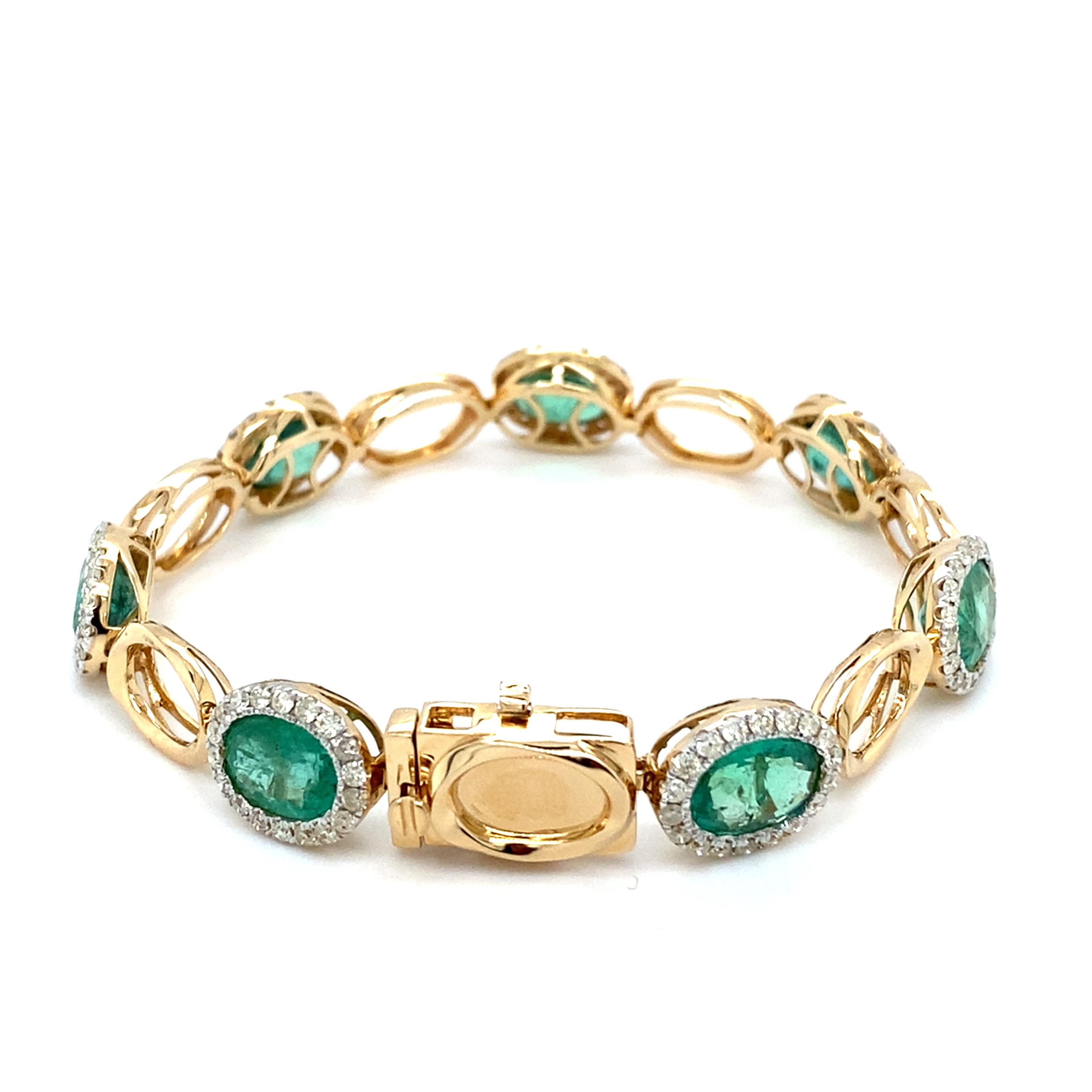 Bracelet en or jaune 11,73 carats Emeraude taille ovale Diamant en vente 6