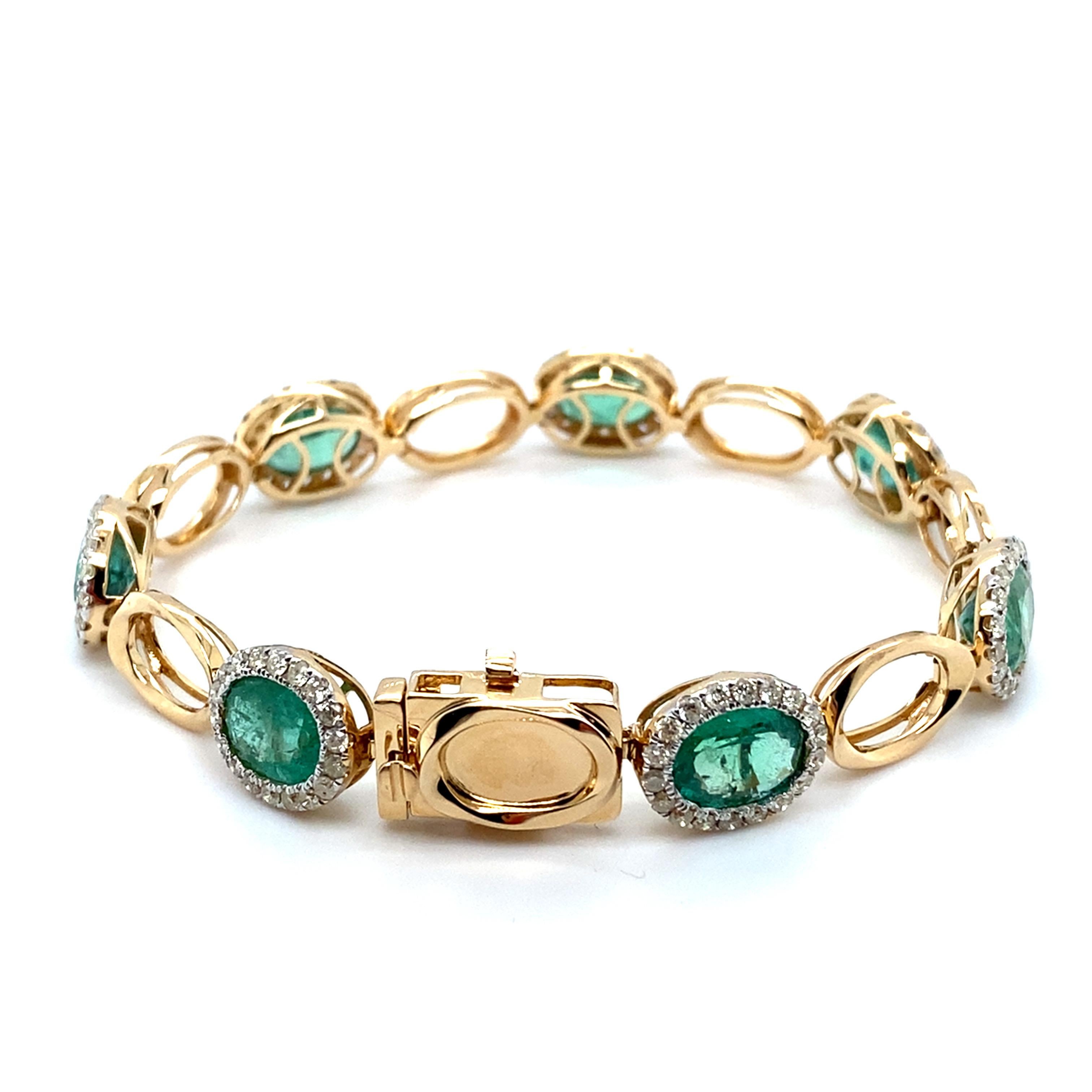Bracelet en or jaune 11,73 carats Emeraude taille ovale Diamant en vente 7