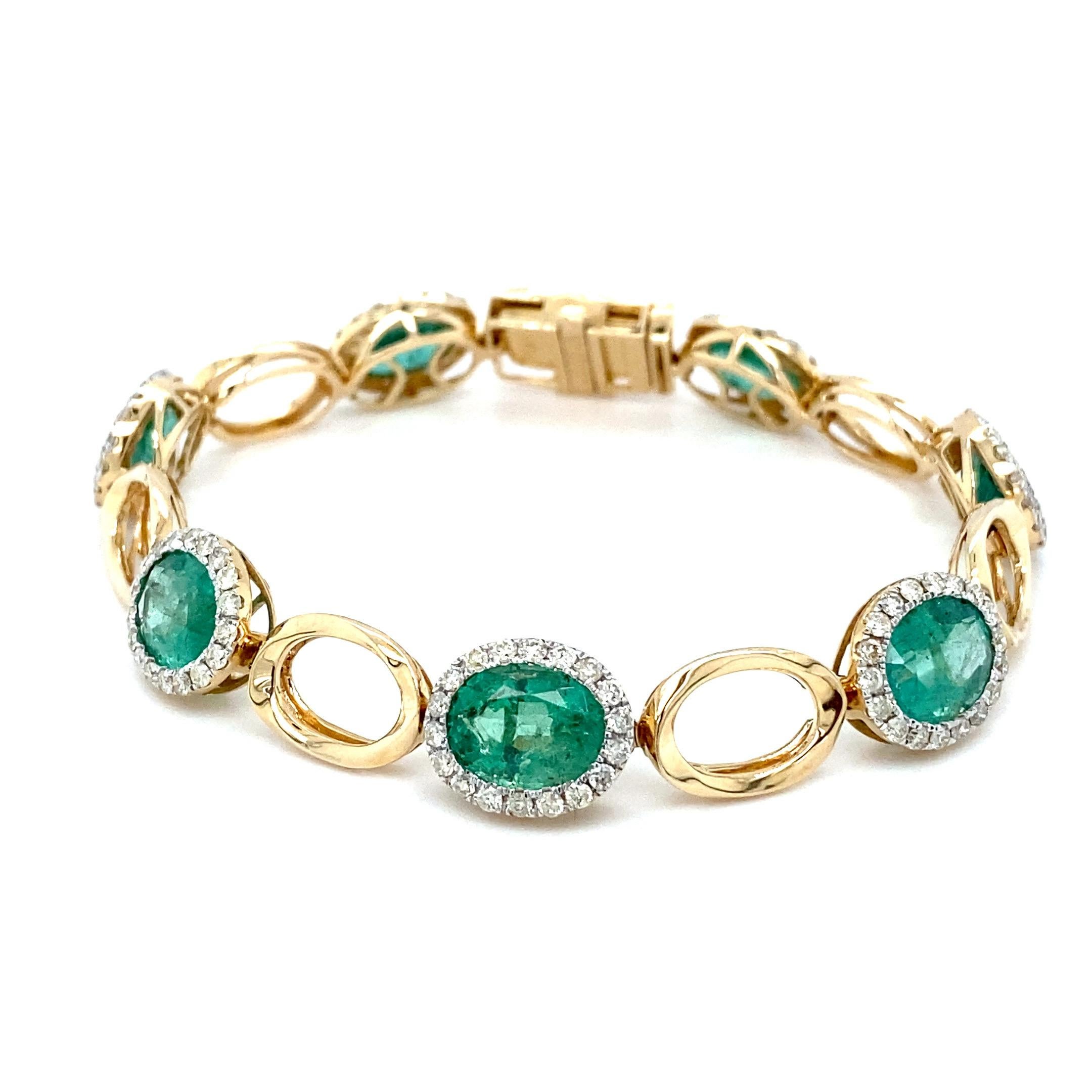 Bracelet en or jaune 11,73 carats Emeraude taille ovale Diamant en vente 8
