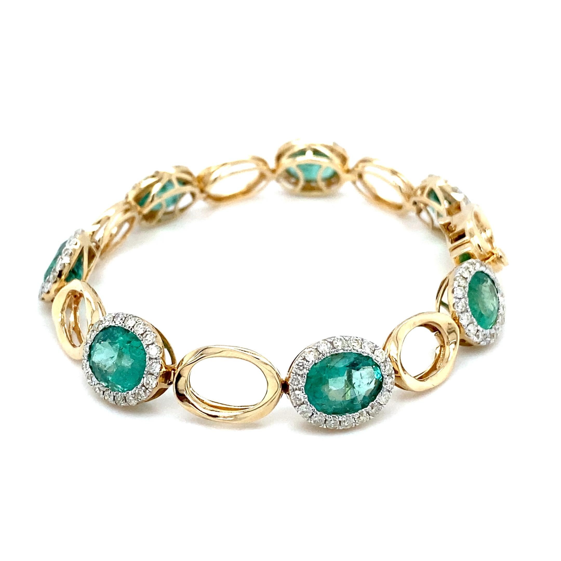 Bracelet en or jaune 11,73 carats Emeraude taille ovale Diamant en vente 9