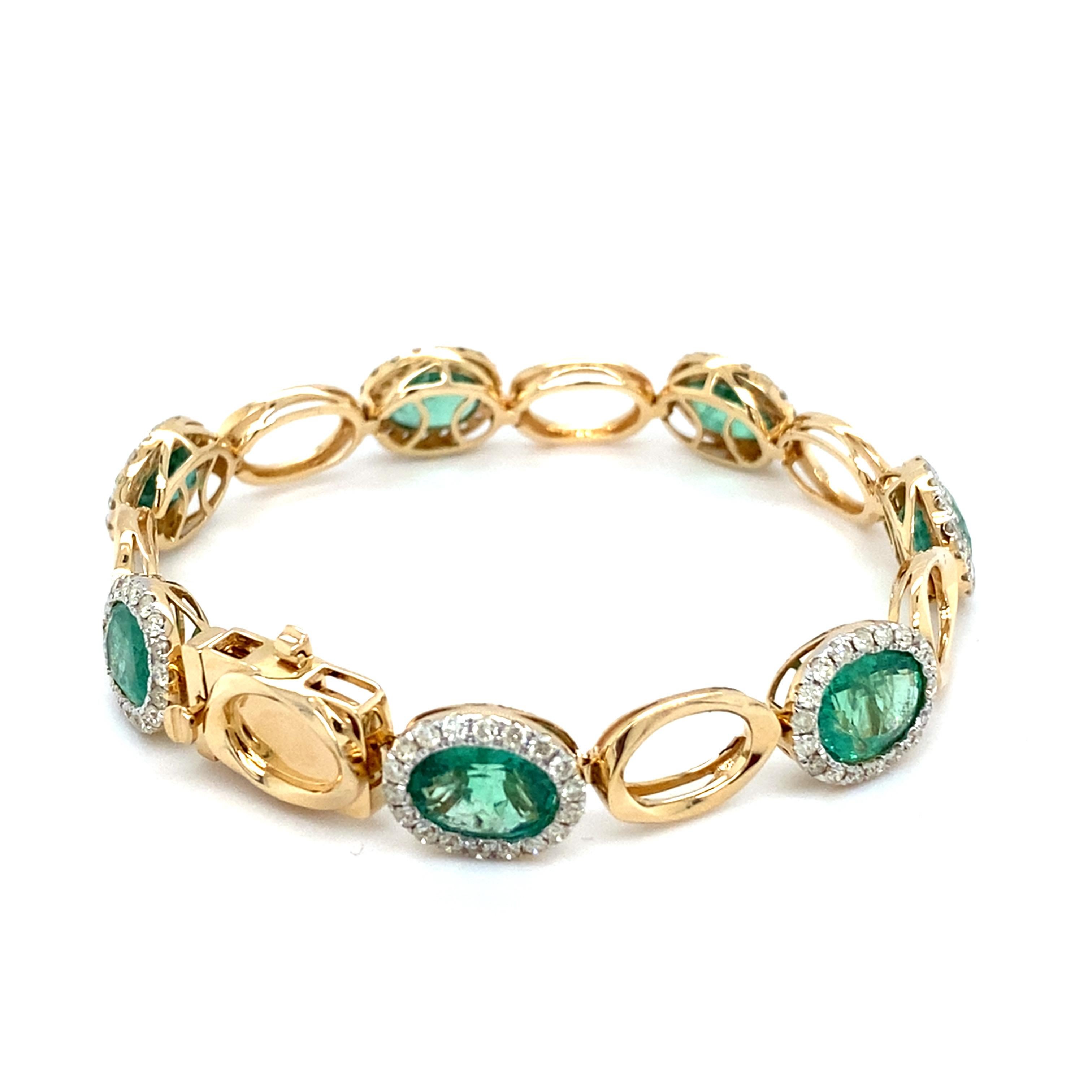 Bracelet en or jaune 11,73 carats Emeraude taille ovale Diamant en vente 10