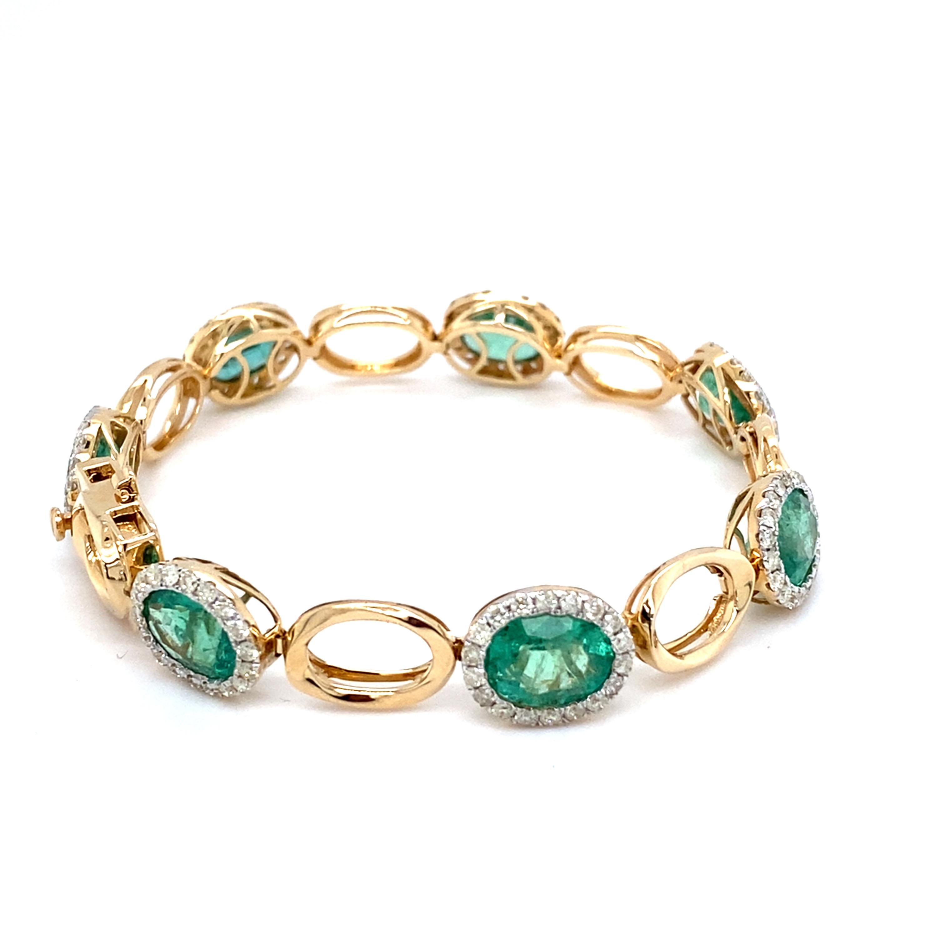 Bracelet en or jaune 11,73 carats Emeraude taille ovale Diamant en vente 11