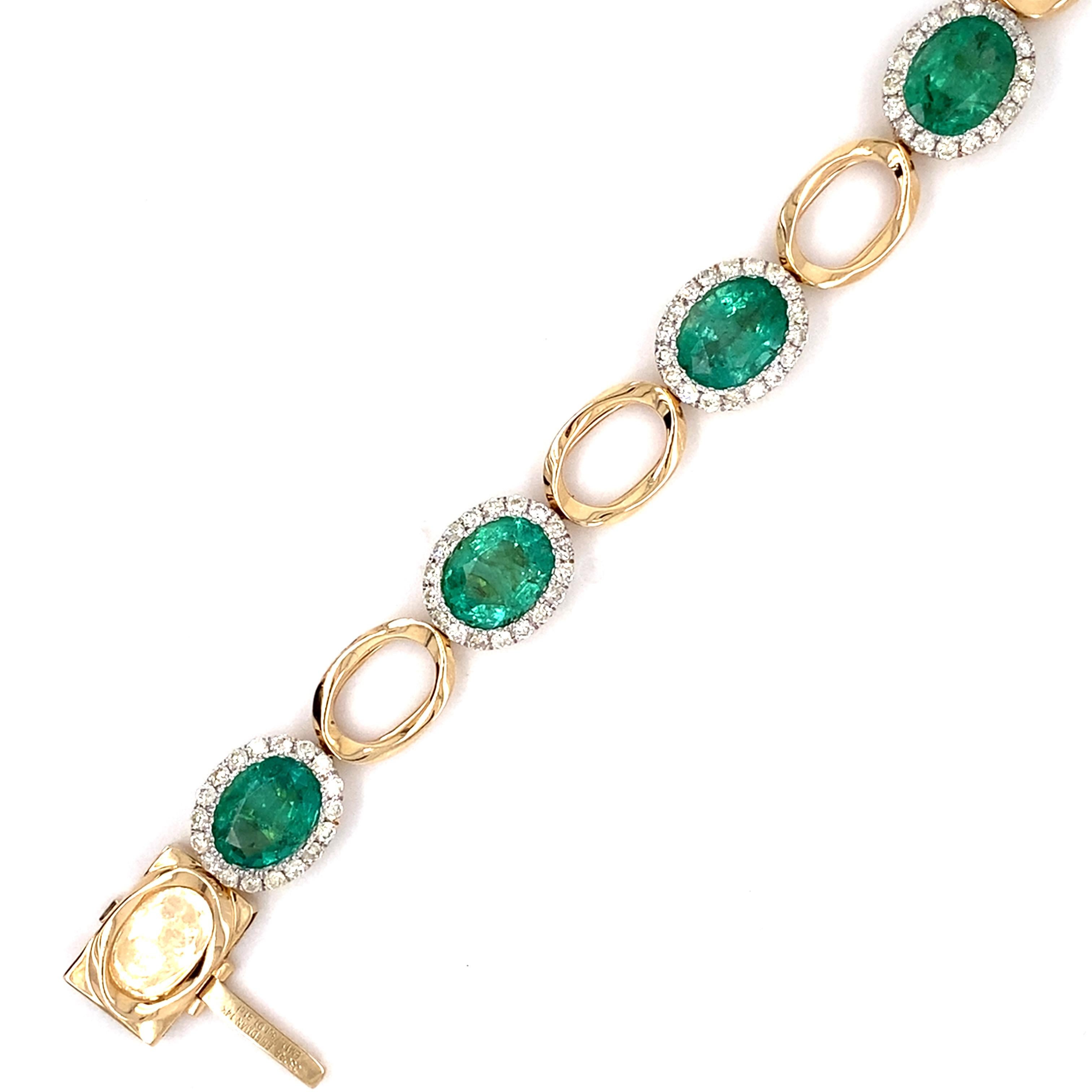 Bracelet en or jaune 11,73 carats Emeraude taille ovale Diamant en vente 2