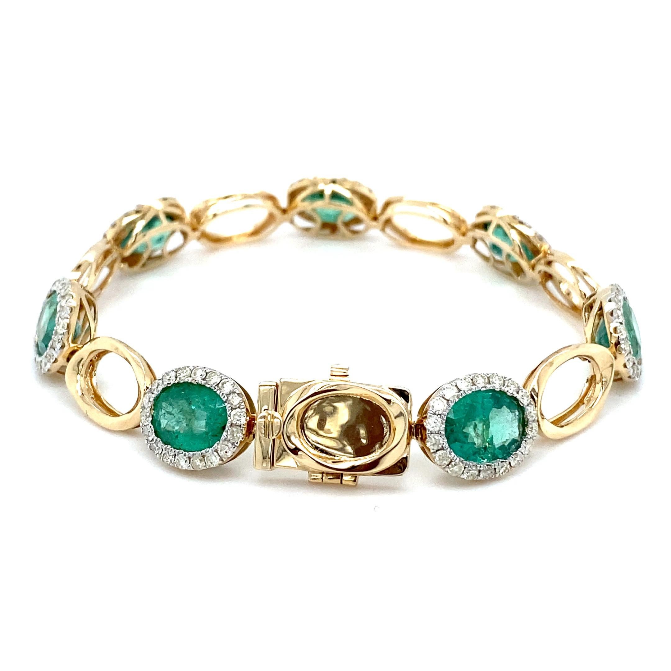 Bracelet en or jaune 11,73 carats Emeraude taille ovale Diamant en vente 3