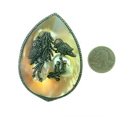117.31 Ct Mother of Pearl Birds Pendant in Oxidized Sterling Silver, 14Kt Gold