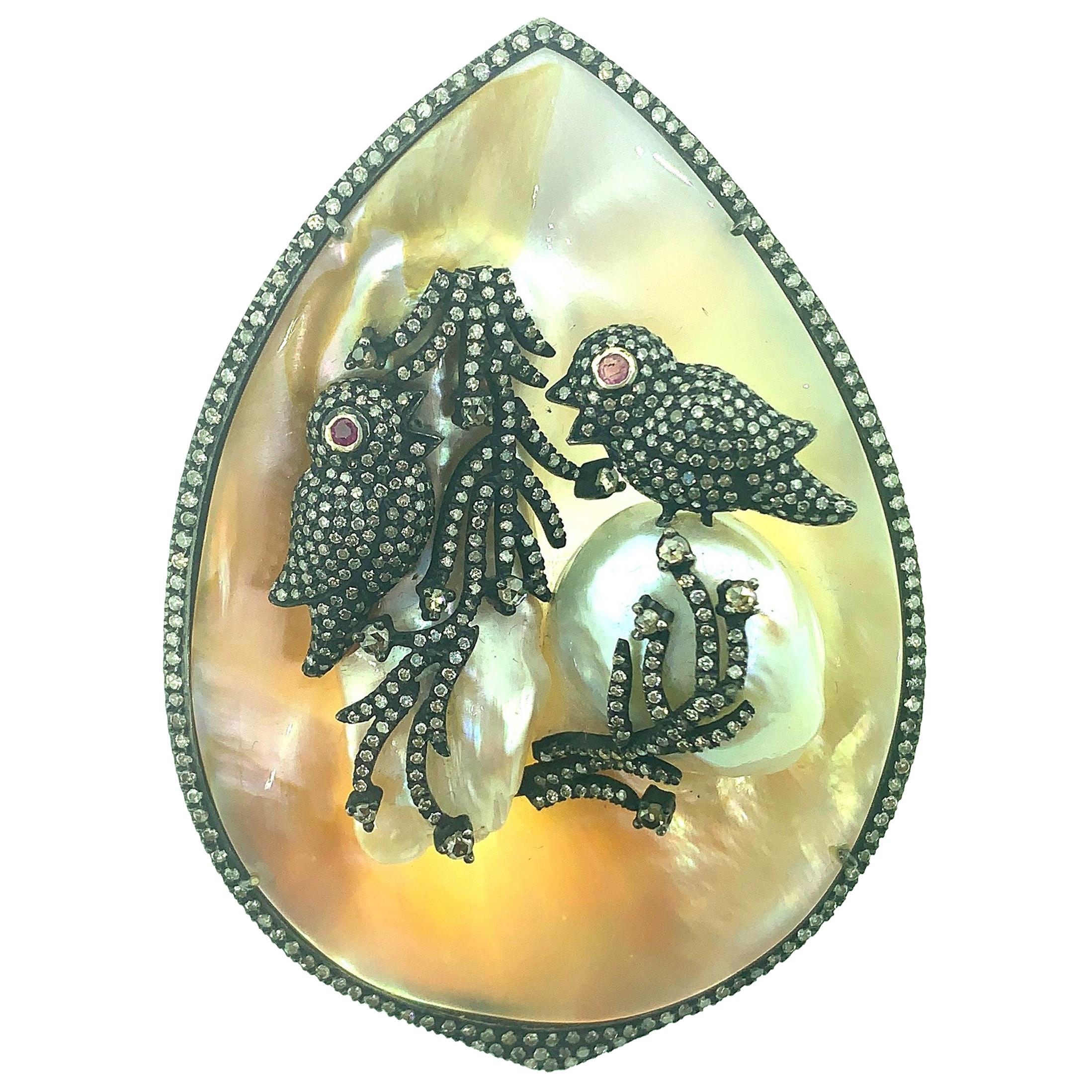 117.31 Ct Mother of Pearl Birds Pendant in Oxidized Sterling Silver, 14Kt Gold For Sale