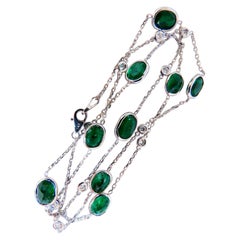 11.73 Carat Natural Emeralds Diamonds Yard Necklace 14 Karat