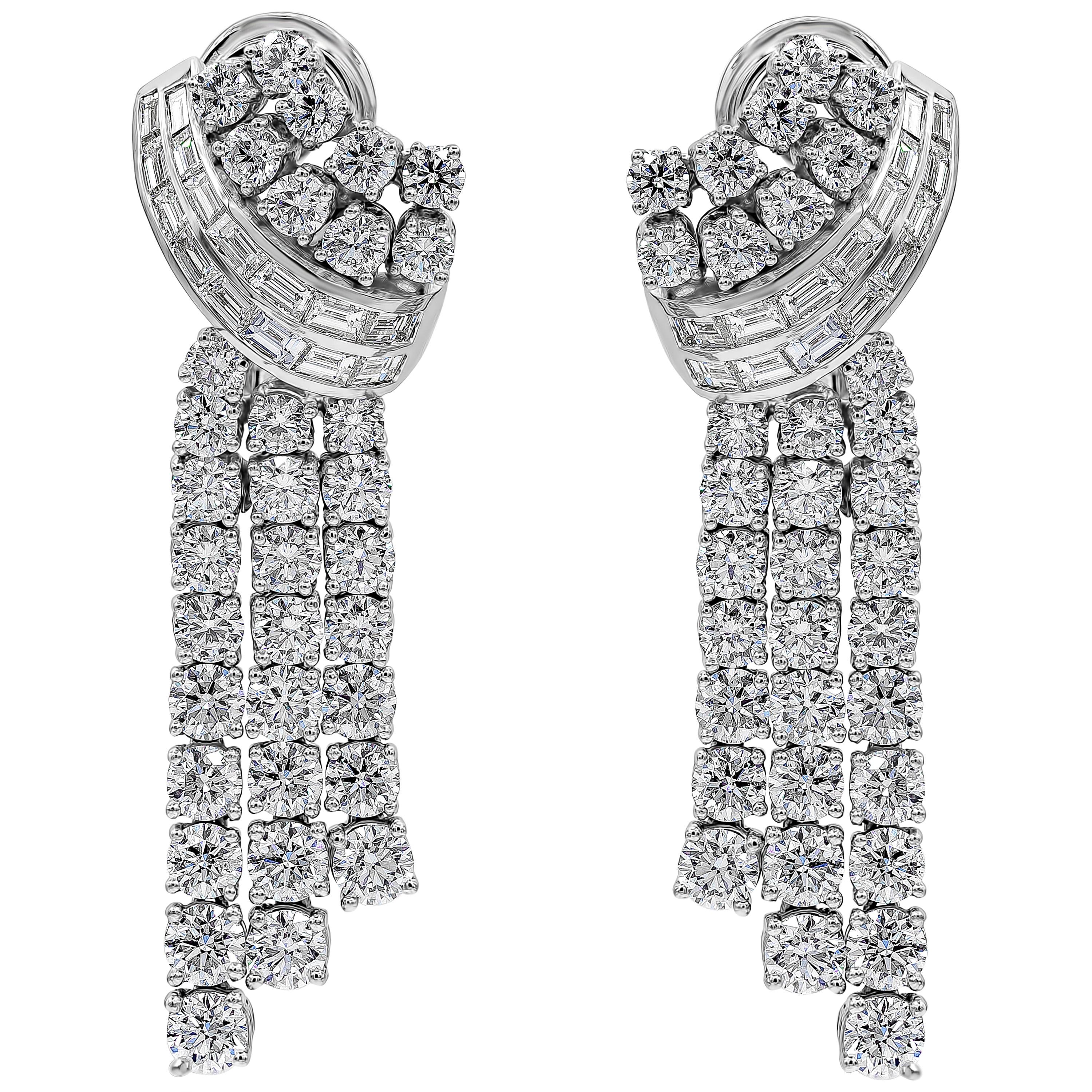 11.74 Carat Baguette and Round Diamond Drop Earrings