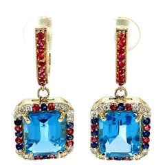 11.74 Carat Blue Topaz Diamond and Sapphire Yellow Gold Drop Earrings