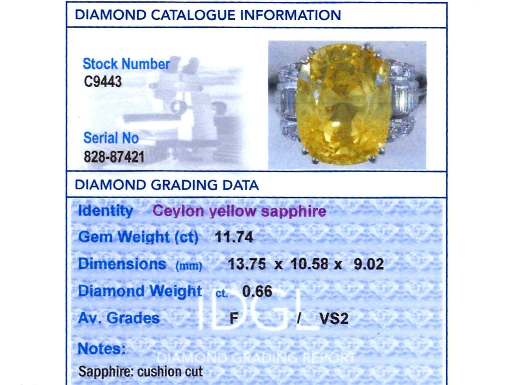 Anello con zaffiro giallo di Ceylon da 11,74 carati e diamante da 0,66 carati, oro bianco 18 carati in vendita 6