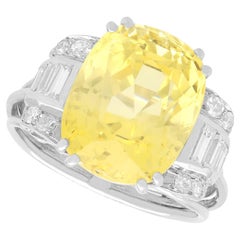 11.74 Carat Ceylon Yellow Sapphire and 0.66 Carat Diamond, 18k White Gold Ring
