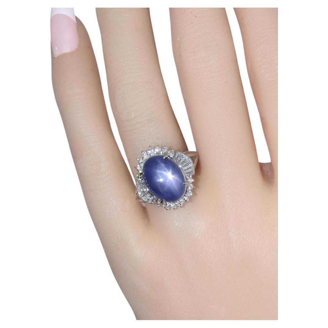11,74 ct Très beau saphir étoilé bleu foncé naturel et bague platine à diamants fins