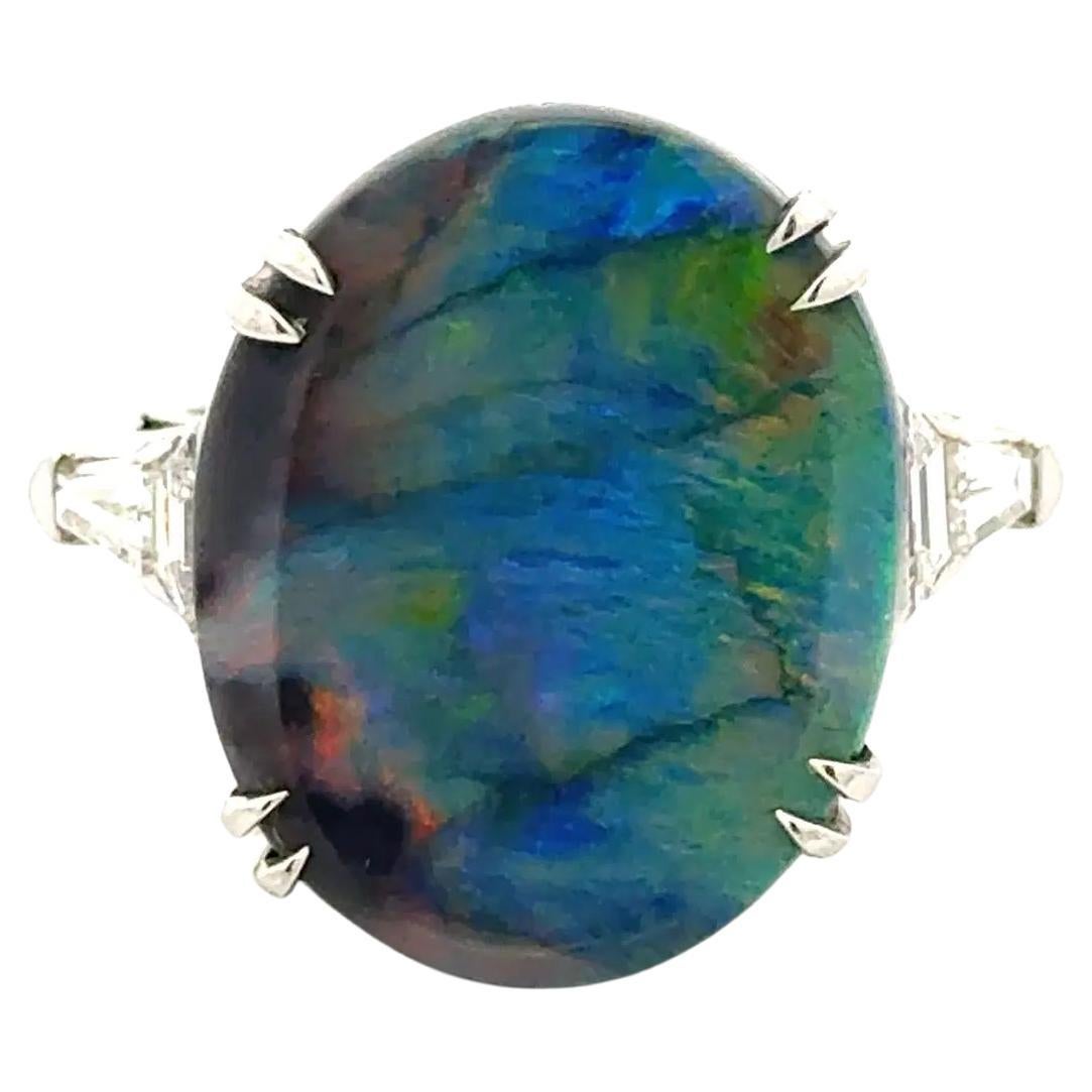 11.75 Carat Black Opal and Shield Cut Diamond Platinum Cocktail Ring For Sale