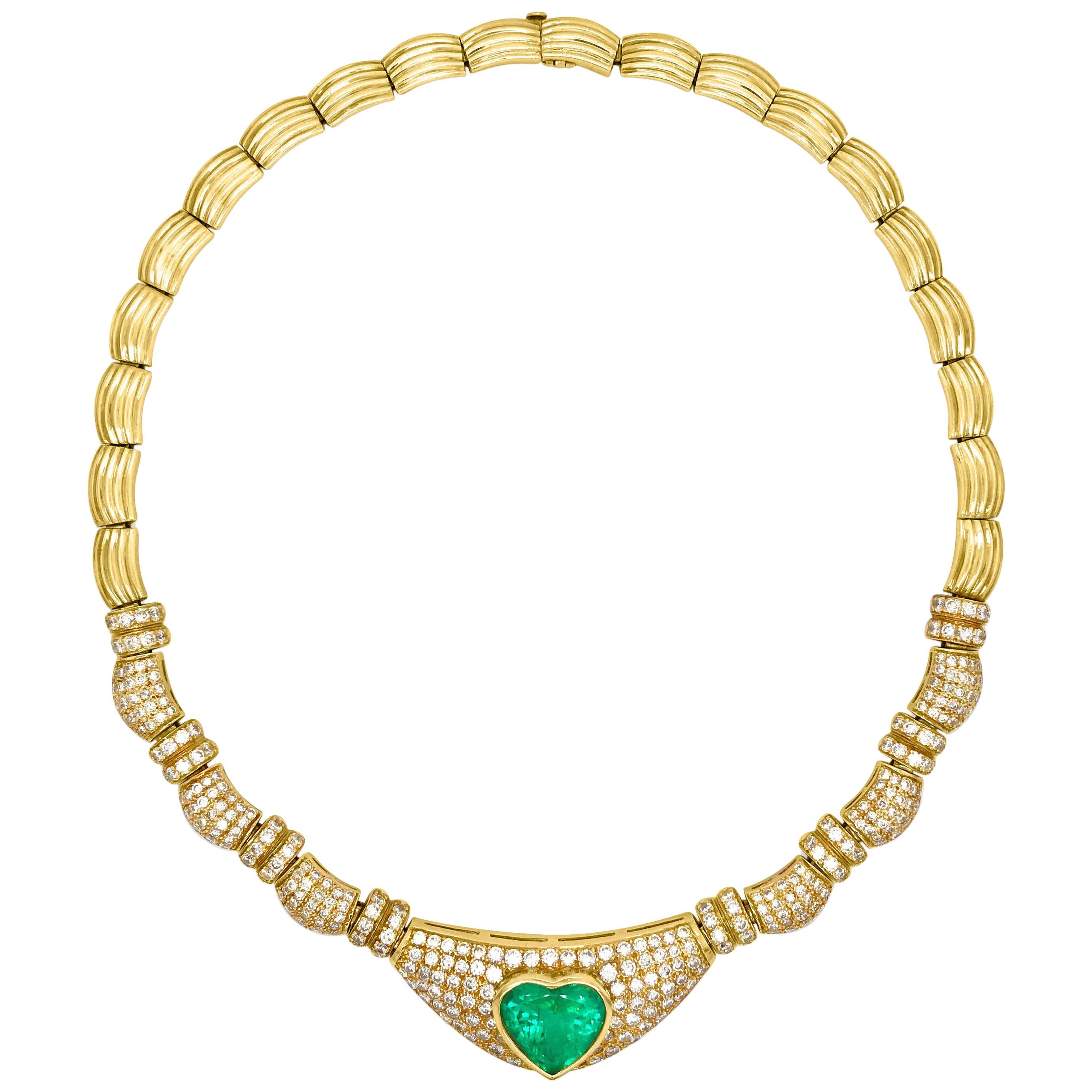 11.75 Carat Heart-Shaped Emerald and Diamond Necklace