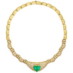 11.75 Carat Heart-Shaped Emerald and Diamond Necklace