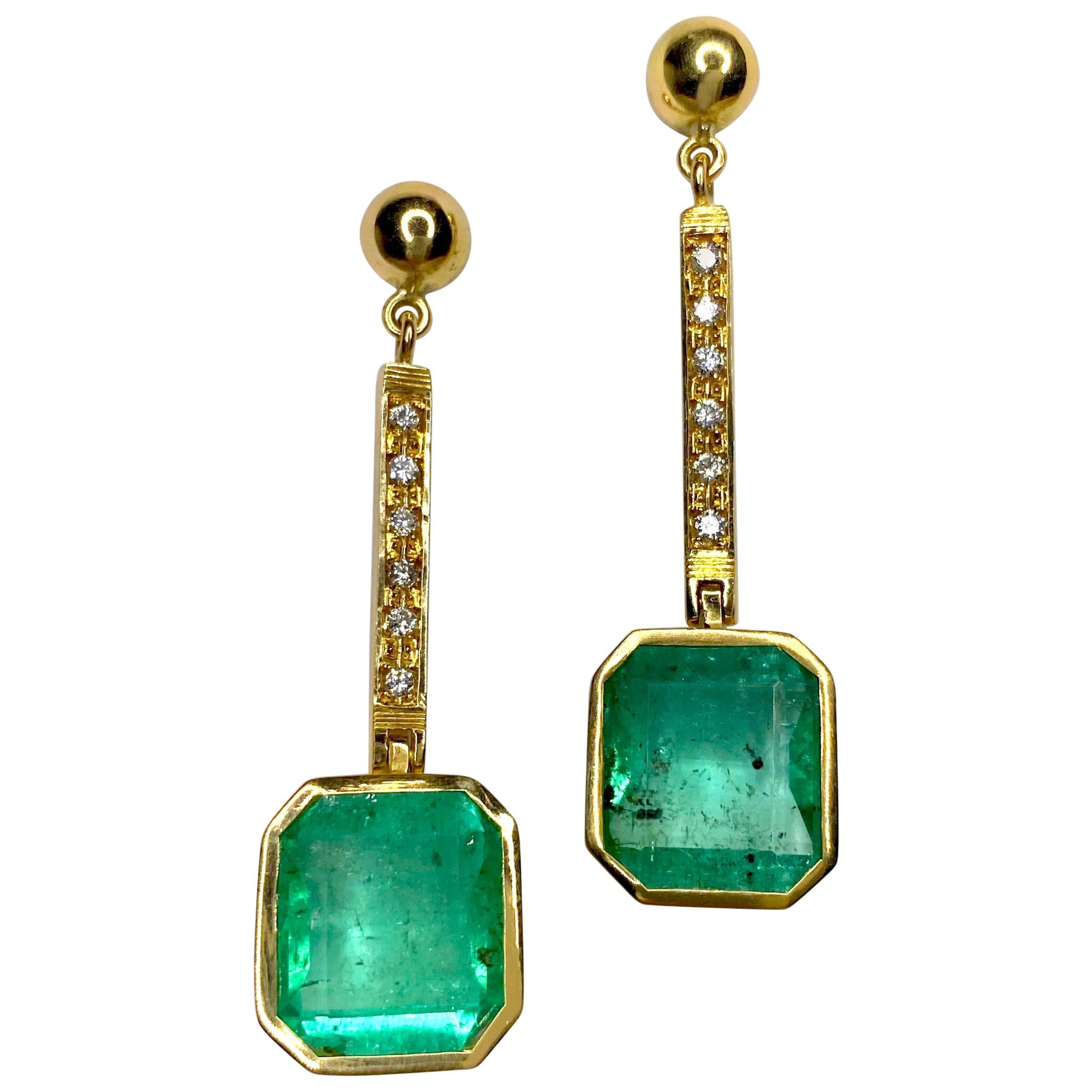 11.75 Carat Square Emerald and Diamond Drop Dangle Earrings