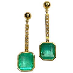 Square Emerald and Diamond Drop Dangle Earrings