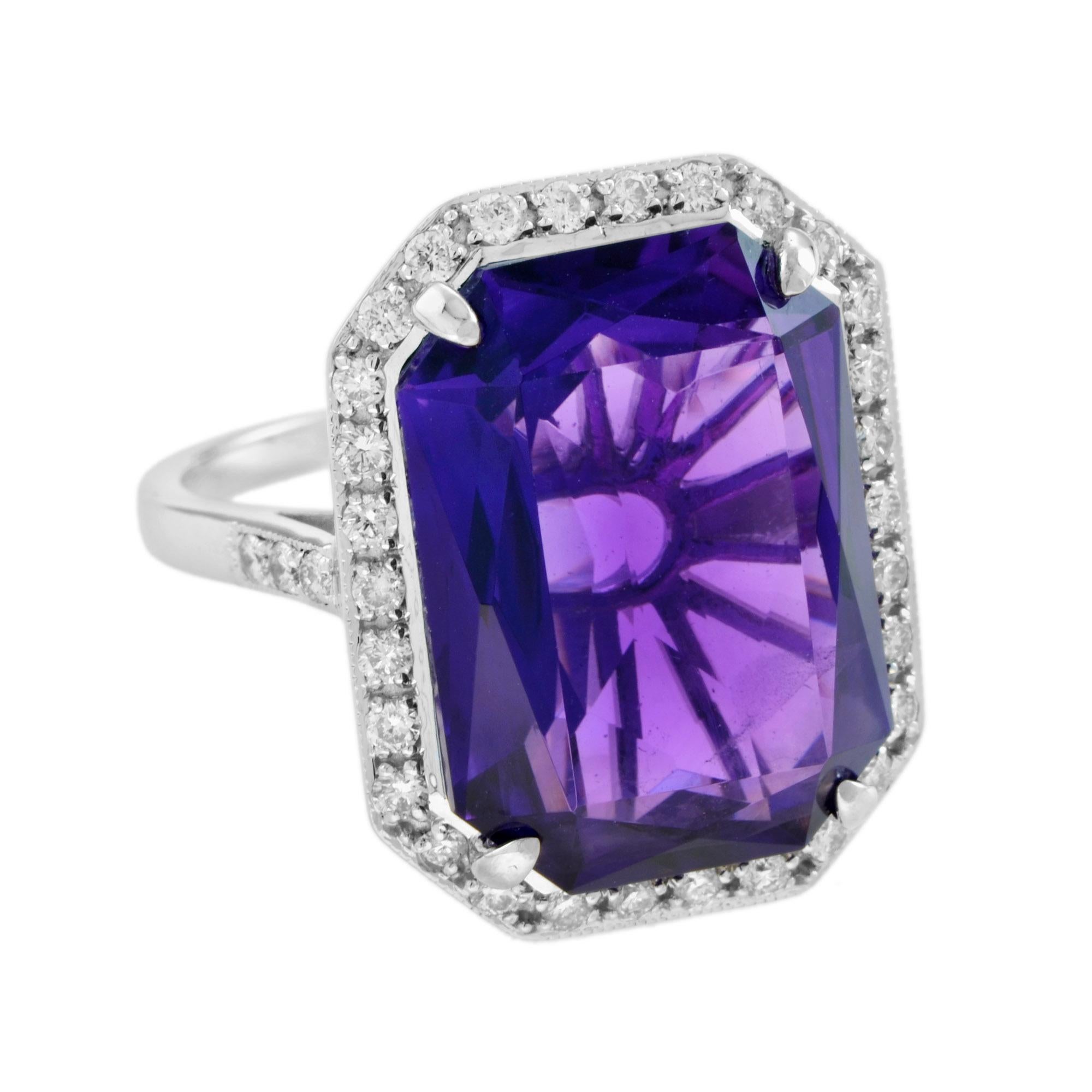 Certified 11.75 Ct. Amethyst and Diamond Halo Art Deco Style Ring in 14K Gold In New Condition In Bangkok, TH