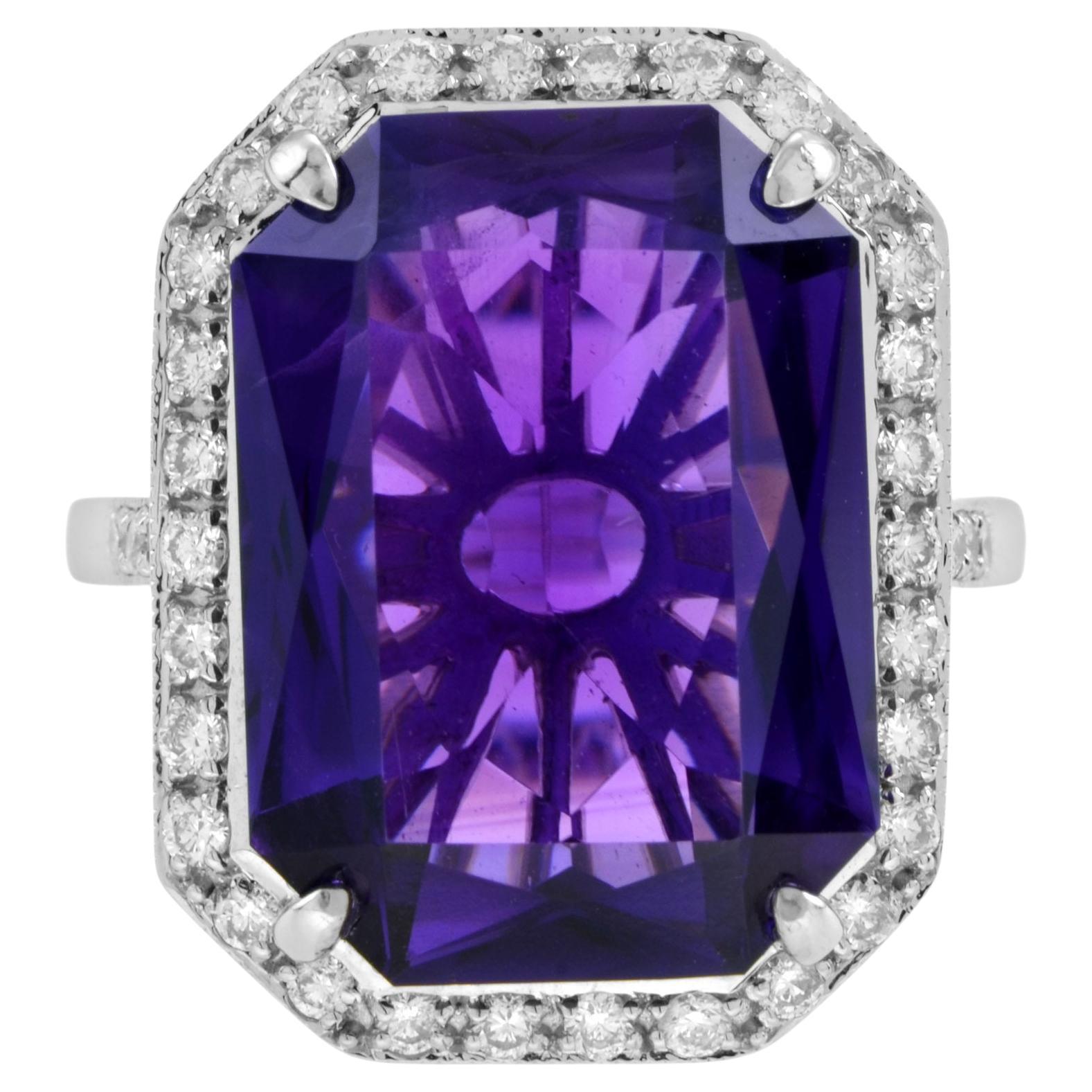 Certified 11.75 Ct. Amethyst and Diamond Halo Art Deco Style Ring in 14K Gold