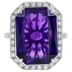 Certified 11.75 Ct. Amethyst and Diamond Halo Art Deco Style Ring in 14K Gold