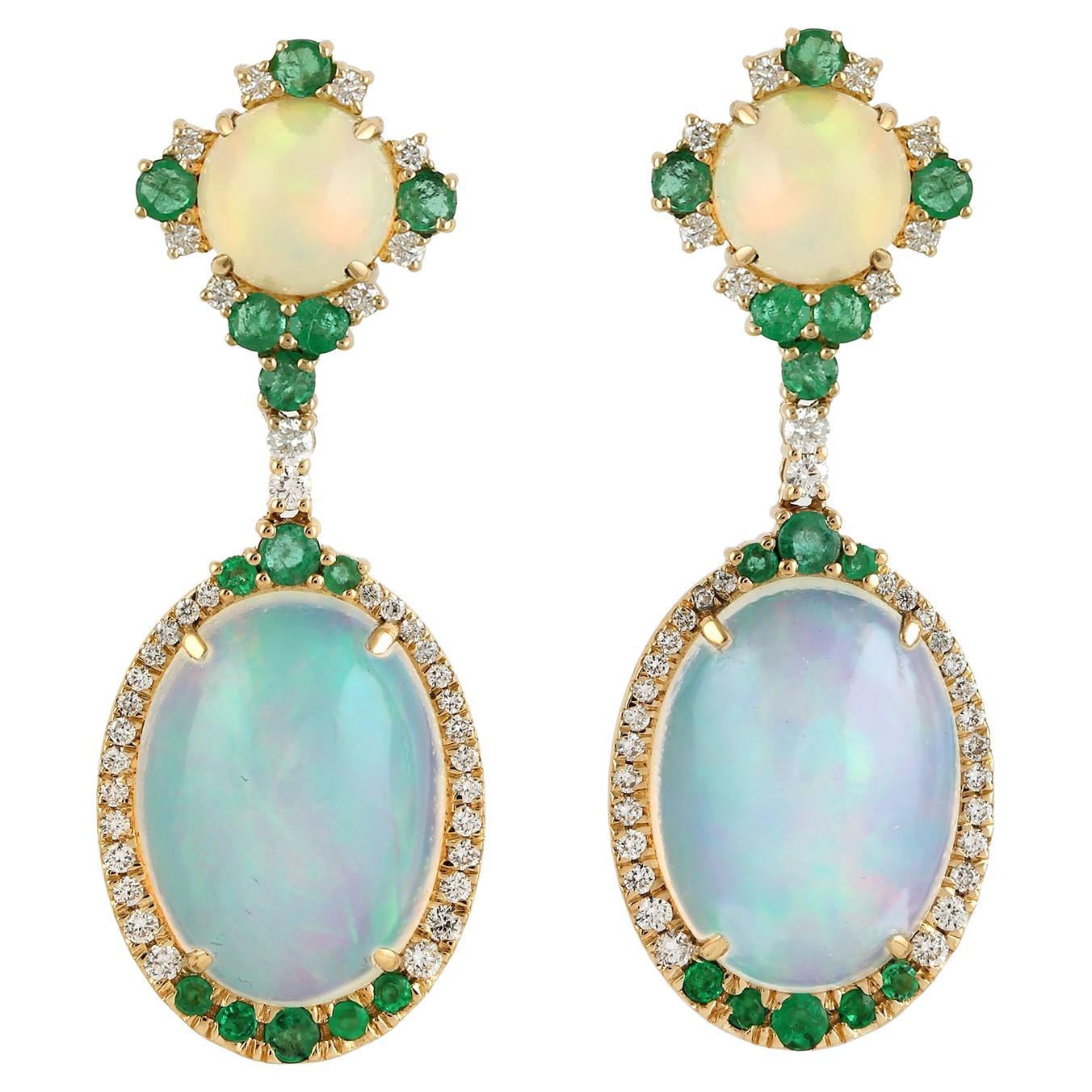 11.75 Ethiopian Opal Emerald Diamond 14 Karat Gold Earrings For Sale