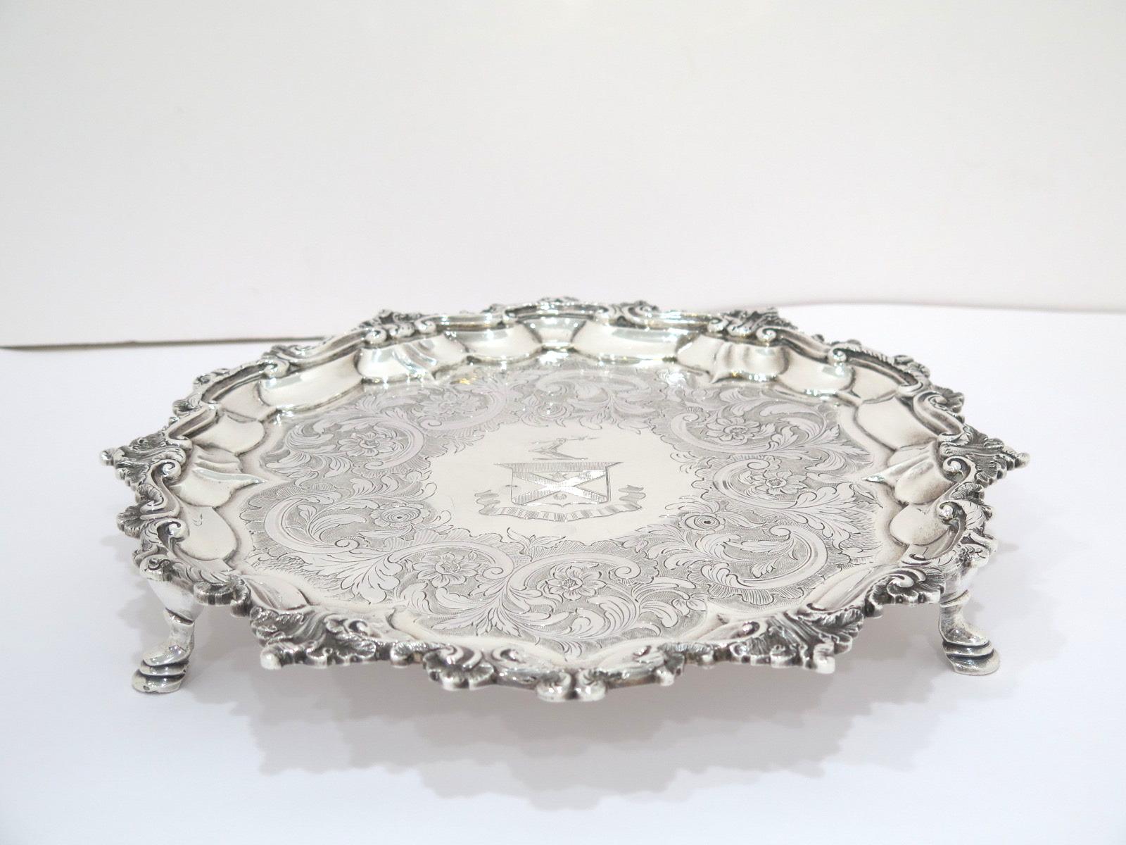 British Sterling Silver Antique English 1752 Floral Heraldic Insignia Footed Tray For Sale