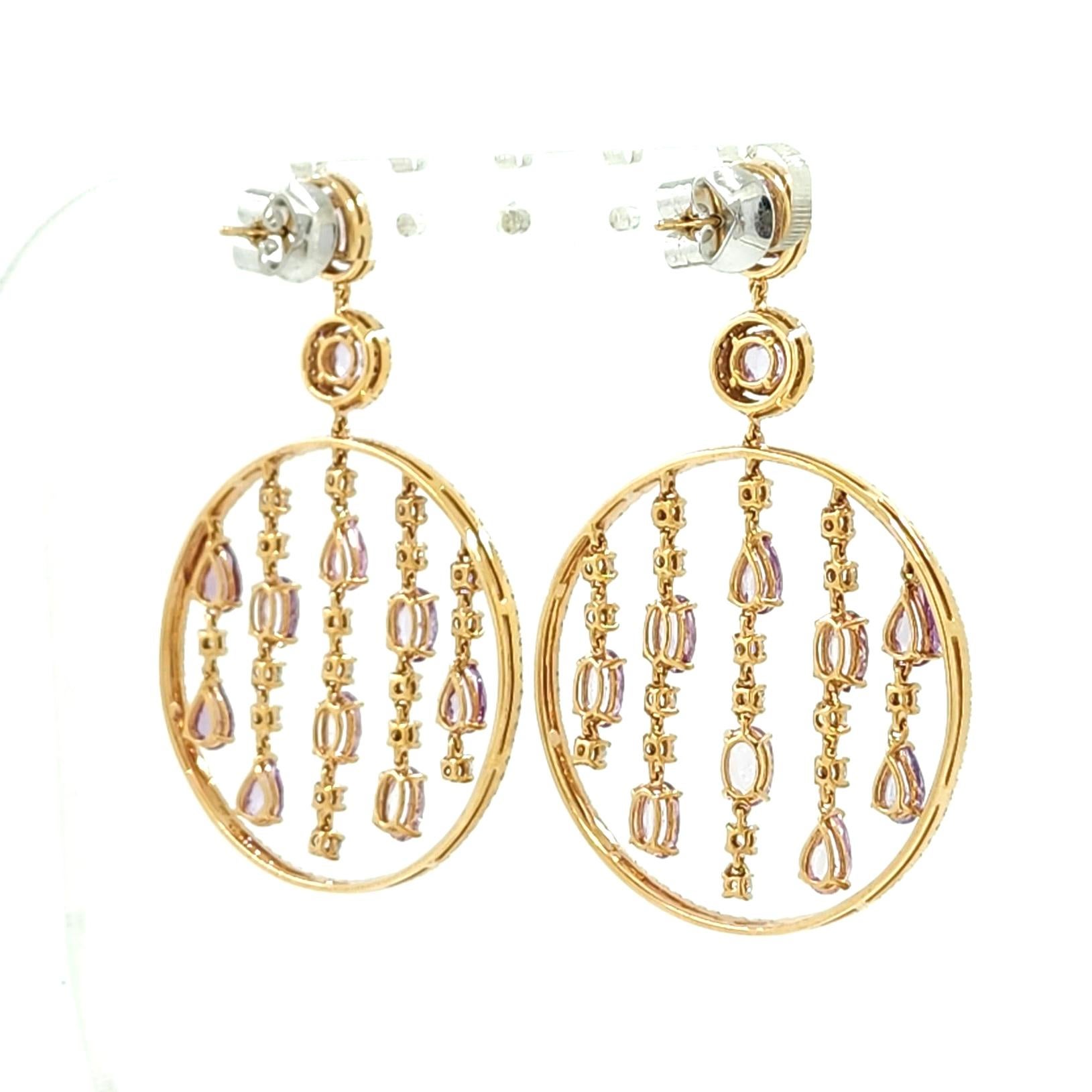 Mixed Cut Vintage 11.75 Ct Fancy Pink Sapphire Diamond Chandelier Earring in 18k Rose Gold For Sale