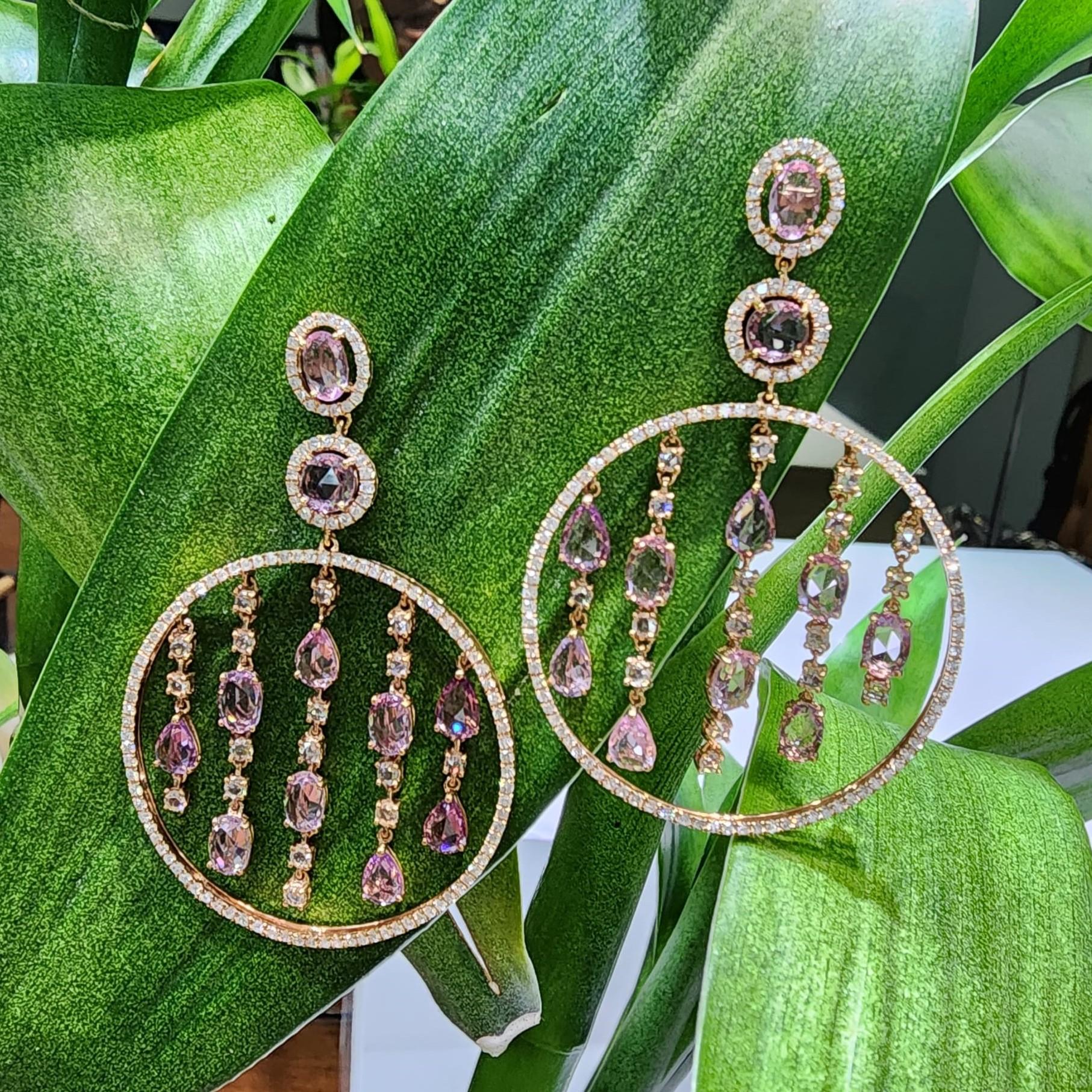 Women's Vintage 11.75 Ct Fancy Pink Sapphire Diamond Chandelier Earring in 18k Rose Gold For Sale