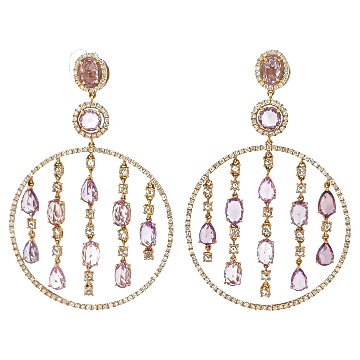 Vintage 11.75 Ct Fancy Pink Sapphire Diamond Chandelier Earring in 18k Rose Gold For Sale