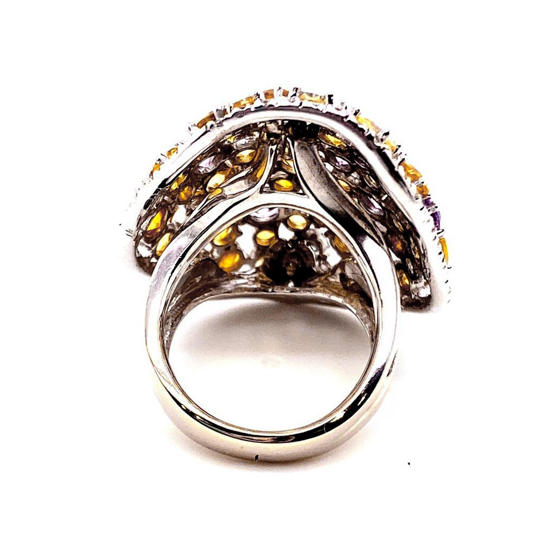 Round Cut 11.75 Carat Natural Ceylon Mix Color Sapphire 14 Karat White Gold Ring For Sale