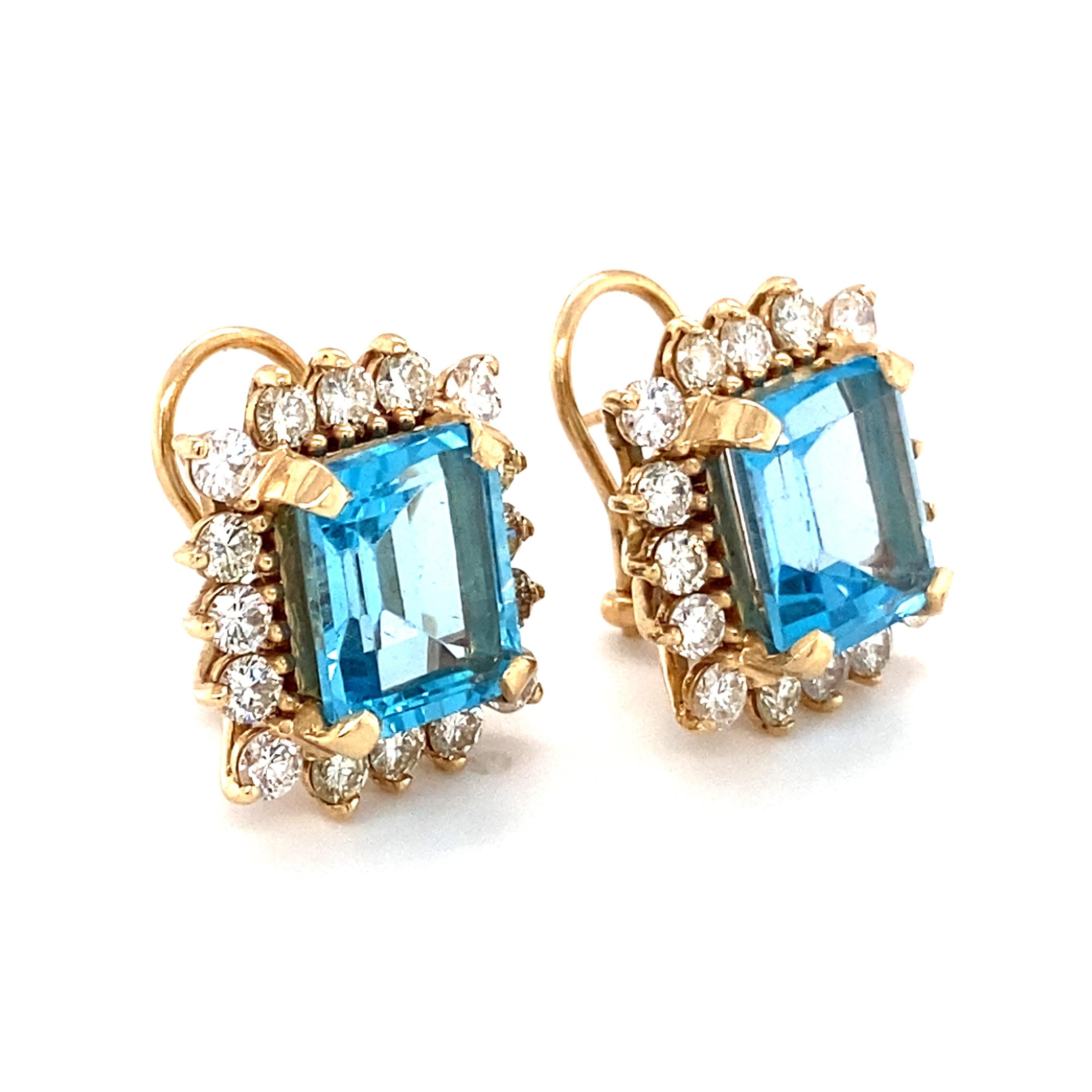 11,76 Karat Blauer Topas und 3,25 Karat Diamant-Ohrringe aus 14 Karat Gelbgold (Smaragdschliff)